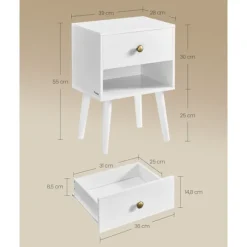 Rootz sengebordesæt - Snehvide farve - Spånplade MDF massivt træ - Natbordssæt - 28cm x 39cm x 55cm - 10,8kg Vægt - 59kg Kapacitet