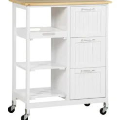 Rootz Serveringsvogn - Country House - Stilkøkken - Trolleykøkken - Økøkken - Vogn 3 skuffer - Fyrretræ - Natur+Hvid - 67L x 37W x 87H cm