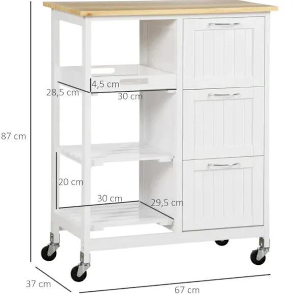 Rootz Serveringsvogn - Country House - Stilkøkken - Trolleykøkken - Økøkken - Vogn 3 skuffer - Fyrretræ - Natur+Hvid - 67L x 37W x 87H cm