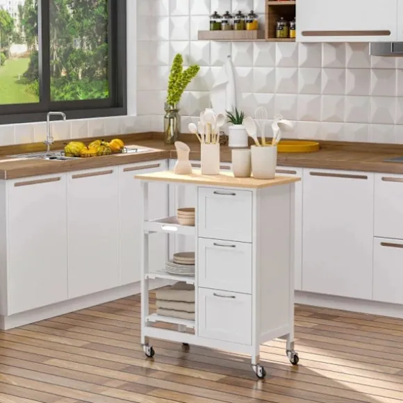 Rootz Serveringsvogn - Country House - Stilkøkken - Trolleykøkken - Økøkken - Vogn 3 skuffer - Fyrretræ - Natur+Hvid - 67L x 37W x 87H cm