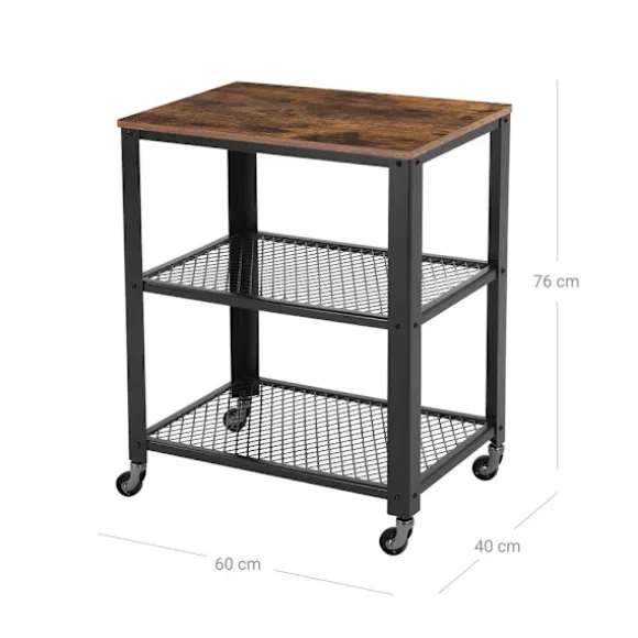 Rootz serveringsvogn - 3-trins serveringsvogn - 1 bordplade - 4 hjul med 2 bremser - Holdbar og robust - Stålramme + spånplade - Vintage brun-sort - 6 | Fyndiq