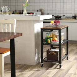 Rootz serveringsvogn - 3-trins serveringsvogn - 1 bordplade - 4 hjul med 2 bremser - Holdbar og robust - Stålramme + spånplade - Vintage brun-sort - 6 | Fyndiq