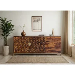 Rootz Sheesham træskænk - Modern Credenza - 3D-mønsterbuffet - Rigelig opbevaring - 180 cm x 70 cm x 40 cm