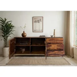 Rootz Sheesham træskænk - Modern Credenza - 3D-mønsterbuffet - Rigelig opbevaring - 180 cm x 70 cm x 40 cm