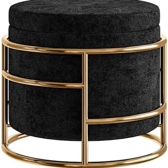 Rootz siddeskammel med opbevaring - Fodskammel - Elegant osmannisk - Fløjlsblødhed - Ø42 x 39h cm - Guldbelagt stel - Sort