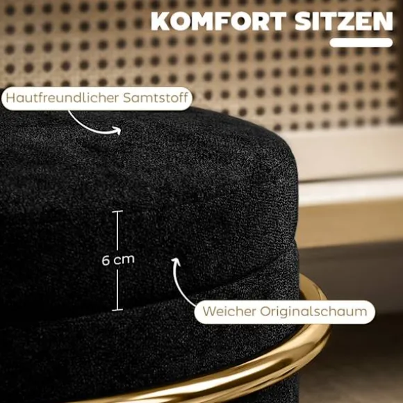 Rootz siddeskammel med opbevaring - Fodskammel - Elegant osmannisk - Fløjlsblødhed - Ø42 x 39h cm - Guldbelagt stel - Sort