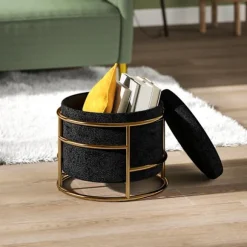 Rootz siddeskammel med opbevaring - Fodskammel - Elegant osmannisk - Fløjlsblødhed - Ø42 x 39h cm - Guldbelagt stel - Sort