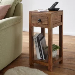 Rootz Sidebord - Massivt træ Sidebord - Telefonbord - Håndlavet - Skuffe - Brun - 30 x 30 x 68 cm