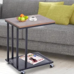 Rootz Sidebord - På hjul - C-Shape - Opbevaringshylde - Stål - MDF - Sort-brun - 51 x 36 x 61 cm