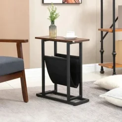 Rootz Sidebord - Sengebord - Sofabord - smalt design - Med stofpose - Stål - Mørkebrun + Sort - 49 x 19 x 55cm