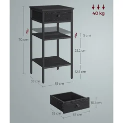 Rootz Sidebord - Sengebord - Natbord - Spånpladestål - 35cm x 35cm x 70cm - Ibenholt Sort-Ink Sort - 20 kg Kapacitet