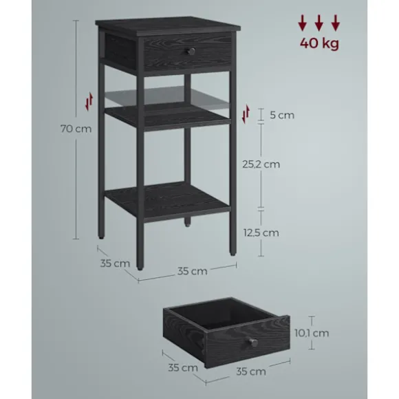 Rootz Sidebord - Sengebord - Natbord - Spånpladestål - 35cm x 35cm x 70cm - Ibenholt Sort-Ink Sort - 20 kg Kapacitet