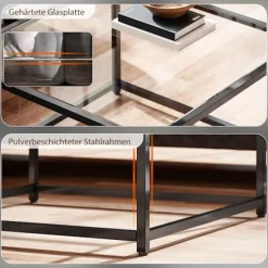 Rootz Sidebord Firkantet sengebord – Sofabord – Accentbord – Robust design – Sort hærdet glas, stålben, 68x68x39cm