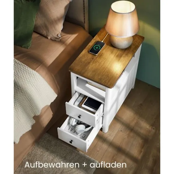 Rootz Sidebord med Power Strip - Endebord - Natbord - Træspånplade - MDF - Valnød Brun-Hvid - 60 cm x 35 cm x 60 cm - 17 kg - 90 kg Max belastningskap | Fyndiq