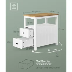 Rootz Sidebord med Power Strip - Endebord - Natbord - Træspånplade - MDF - Valnød Brun-Hvid - 60 cm x 35 cm x 60 cm - 17 kg - 90 kg Max belastningskap | Fyndiq