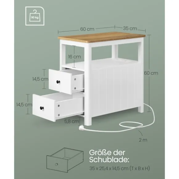 Rootz Sidebord med Power Strip - Endebord - Natbord - Træspånplade - MDF - Valnød Brun-Hvid - 60 cm x 35 cm x 60 cm - 17 kg - 90 kg Max belastningskap | Fyndiq