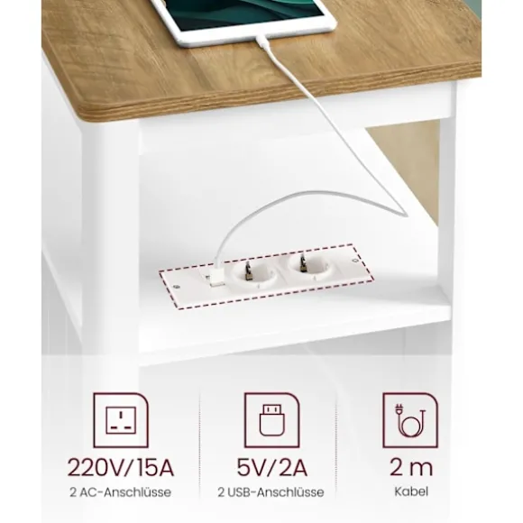 Rootz Sidebord med Power Strip - Endebord - Natbord - Træspånplade - MDF - Valnød Brun-Hvid - 60 cm x 35 cm x 60 cm - 17 kg - 90 kg Max belastningskap | Fyndiq