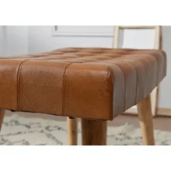 Rootz skammel 67x47x39 cm mango massivt træ - ægte læder Chesterfield design - Læder skammel brun - Side skammel uden ryglæn Country fodskammel