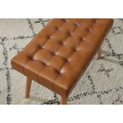 Rootz skammel 67x47x39 cm mango massivt træ - ægte læder Chesterfield design - Læder skammel brun - Side skammel uden ryglæn Country fodskammel