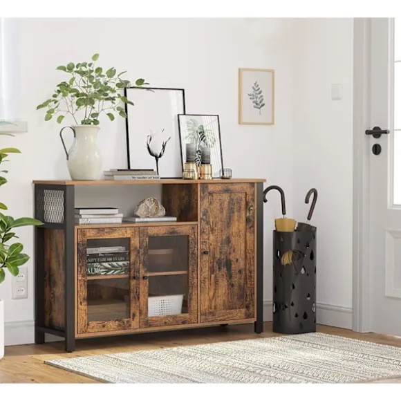 Rootz skænk - Køkkenskab - Porcelænsskab - Opbevaringsskab - 3 døre - Opbevaringsrum - Industrielt - Brun - Sort - Vintage - 110 x 33 x 75 cm