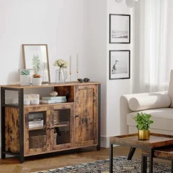 Rootz skænk - Køkkenskab - Porcelænsskab - Opbevaringsskab - 3 døre - Opbevaringsrum - Industrielt - Brun - Sort - Vintage - 110 x 33 x 75 cm