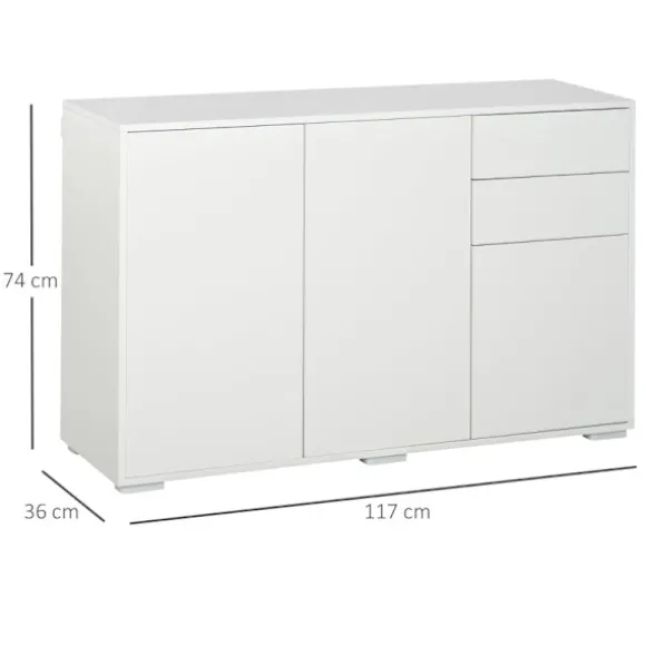 Rootz skænk - Kommode - 2 skuffer - Stående skab - Push-click - Spånplade - Hvid - 117 Cm X 36 Cm X 74 Cm