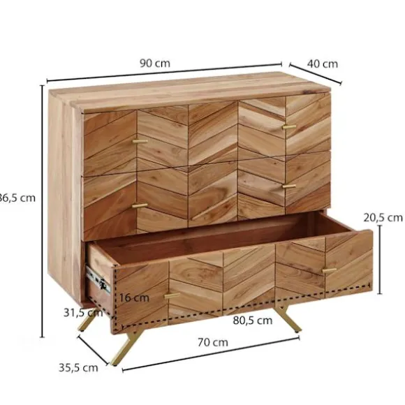 Rootz skænk - Massivt træ Akacie - Metal - Kommode - 3 skuffer - 90 x 86,5 x 40 cm - Brun