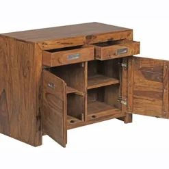 Rootz skænk Massivt træ Sheesham Kommode 90 cm 2 skuffer 2 låger Design highboard landlig brun natur