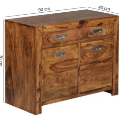 Rootz skænk Massivt træ Sheesham Kommode 90 cm 2 skuffer 2 låger Design highboard landlig brun natur