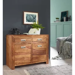 Rootz skænk Massivt træ Sheesham Kommode 90 cm 2 skuffer 2 låger Design highboard landlig brun natur