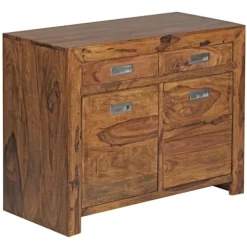 Rootz skænk Massivt træ Sheesham Kommode 90 cm 2 skuffer 2 låger Design highboard landlig brun natur