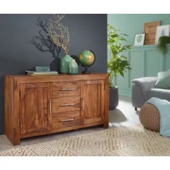 Rootz skænk massivt træ sheesham kommode 118 cm 3 skuffer 2 låger design highboard landstedsstil brun natur