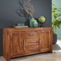 Rootz skænk massivt træ sheesham kommode 118 cm 3 skuffer 2 låger design highboard landstedsstil brun natur