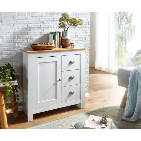 Rootz skænk med 3 skuffer 79x81x35 cm kommode hvid - eg moderne - Design høj skænk med låge - Kommode stue