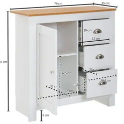 Rootz skænk med 3 skuffer 79x81x35 cm kommode hvid - eg moderne - Design høj skænk med låge - Kommode stue