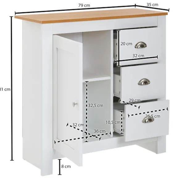 Rootz skænk med 3 skuffer 79x81x35 cm kommode hvid - eg moderne - Design høj skænk med låge - Kommode stue