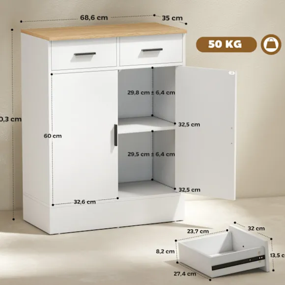 Rootz skænk med opbevaring - Kommode med 2 skuffer - Accentskab - Buffetskab - rodfri organisering - 68,6 x 35 x 90,3 cm - Brun, Hvid