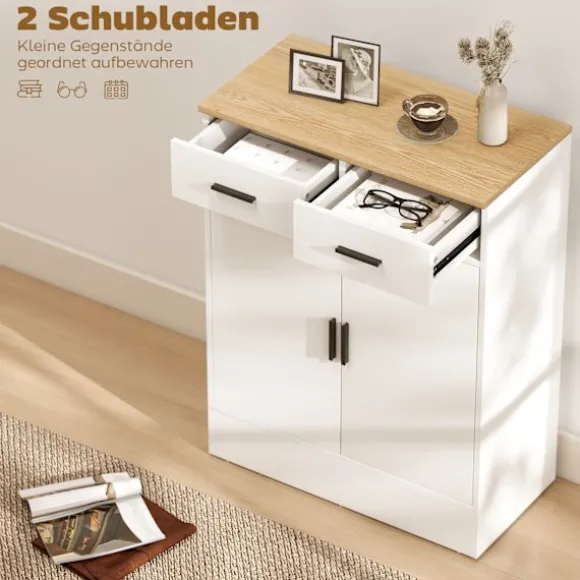 Rootz skænk med opbevaring - Kommode med 2 skuffer - Accentskab - Buffetskab - rodfri organisering - 68,6 x 35 x 90,3 cm - Brun, Hvid