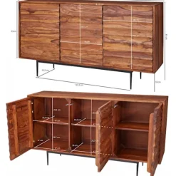 Rootz skænk Sheesham massivt træ 150x81x41 cm rustik kommode - Design Skænk Large - Høj kommode med 3 låger massivt træ - Gulvskab Stue Moderne