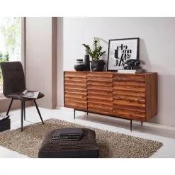 Rootz skænk Sheesham massivt træ 150x81x41 cm rustik kommode - Design Skænk Large - Høj kommode med 3 låger massivt træ - Gulvskab Stue Moderne