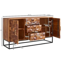 Rootz skænk 145x81x45 cm massivt sheesham træ - metal skænk - kommode med to låger - Kommode Træ Industri - Stående skab stue med skuffer