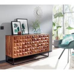 Rootz skænk 145x81x45 cm massivt sheesham træ - metal skænk - kommode med to låger - Kommode Træ Industri - Stående skab stue med skuffer