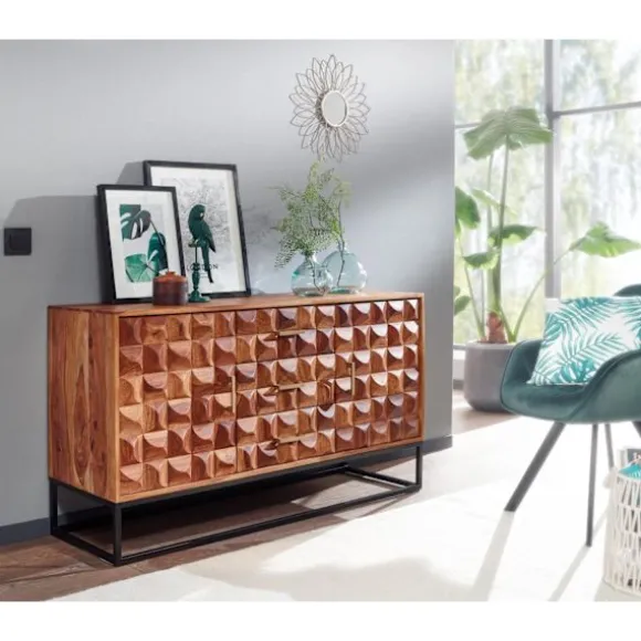 Rootz skænk 145x81x45 cm massivt sheesham træ - metal skænk - kommode med to låger - Kommode Træ Industri - Stående skab stue med skuffer