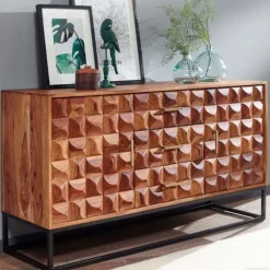Rootz skænk 145x81x45 cm massivt sheesham træ - metal skænk - kommode med to låger - Kommode Træ Industri - Stående skab stue med skuffer