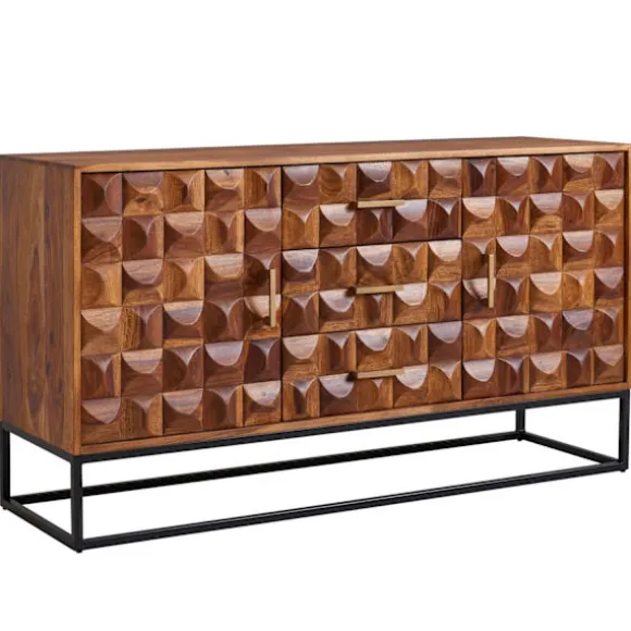 Rootz skænk 145x81x45 cm massivt sheesham træ - metal skænk - kommode med to låger - Kommode Træ Industri - Stående skab stue med skuffer