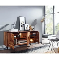 Rootz skænk 148x72x40 cm massivt sheesham træ - metal skænk - kommode med tre låger - Kommode skab træ moderne - Stå skab stue
