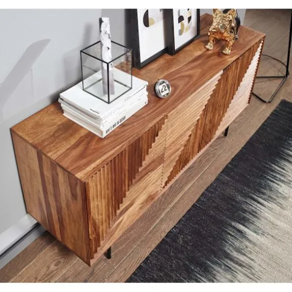 Rootz skænk 148x72x40 cm massivt sheesham træ - metal skænk - kommode med tre låger - Kommode skab træ moderne - Stå skab stue