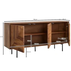 Rootz skænk 148x72x40 cm massivt sheesham træ - metal skænk - kommode med tre låger - Kommode skab træ moderne - Stå skab stue
