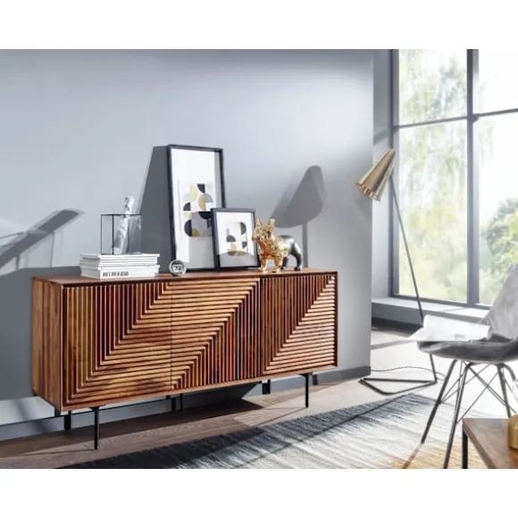 Rootz skænk 148x72x40 cm massivt sheesham træ - metal skænk - kommode med tre låger - Kommode skab træ moderne - Stå skab stue