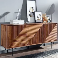 Rootz skænk 148x72x40 cm massivt sheesham træ - metal skænk - kommode med tre låger - Kommode skab træ moderne - Stå skab stue